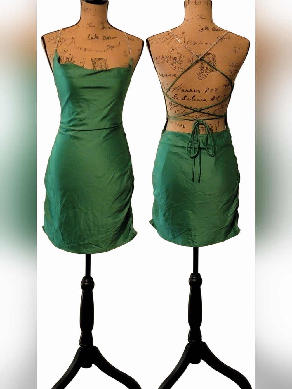 Luvalot Diamond Rhinestone Spaghetti Strap Kriss Kross Back Out Slip Zip Dress